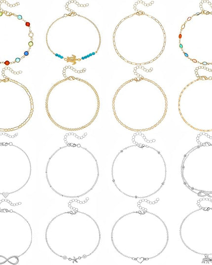 Starain 12Pcs Summer Beach Anklets for Women Waterproof Gold Silver Chain Ankle Bracelets Cute Women's Foot Anklet Set 7.9-10.5 inch Adjustable