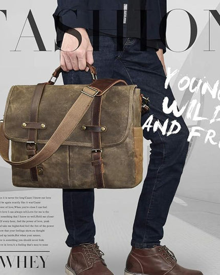 Mens Messenger Bag 15.6 Inch Waterproof Vintage Genuine Leather Waxed Canvas Briefcase Large Satchel Shoulder Bag Rugged Leather Computer Laptop Bag, Khaki