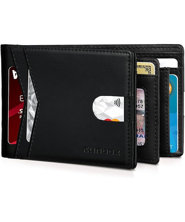 RUNBOX Wallet for Men Bifold RFID Blocking Wallets with 2 ID Window 14 Card Holders 1 cash pocket 1 Gift Box
