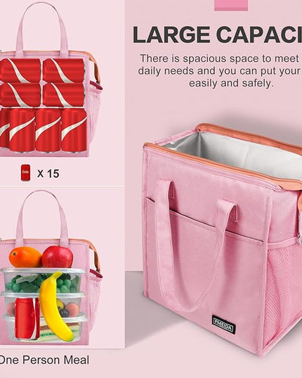 Fmeida Insulated Lunch Bag Women - 12L Leakproof Womens Lunch Tote w Zipper Reusable Lunch Bags Thermal Cooler Tote Multipocket for Work Hiking Beach Picnic | Pink