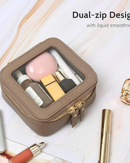 Aveniee Mini Clear Makeup Bag, Small Cosmetic Bags Travel Toiletry Pouch Organizer, TSA Approved Make up Case with Zipper, Car Bag for Essentials,Taupe