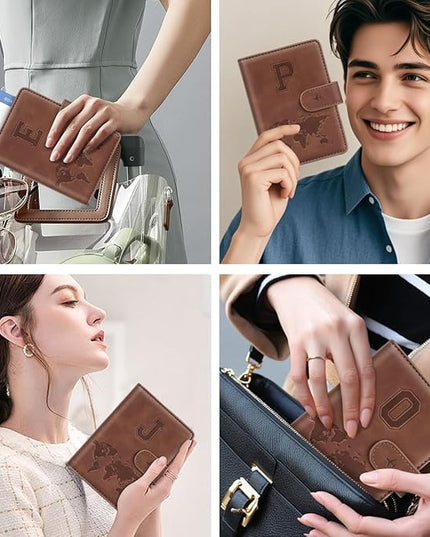 Passport Holder Cover Personalized Initial Letter A-Z Travel Wallet RFID Blocking Passport Cover Passport Book Holders for Women and Men, Brown-P
