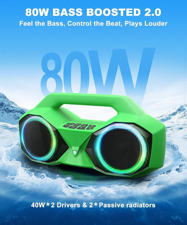 OZJ Bluetooth Speaker 80W(Peak) Loud with Bass, 20H Playtime, IPX7 Waterproof, RGB Lights, TWS, Large Portable Wireless Speakers for Outdoor, Home, Party, Pool, Beach, Tailgating, Gym, Work (Green)