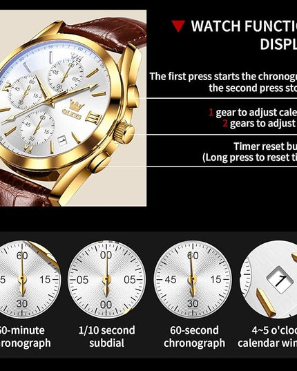 OLEVS Leather Chronograph Watch Men - Leather Strap (Brown/Black), Work Luminous Waterproof Analog Quartz Dress Wrist Watch with Blue/Black/Brown/White Dial