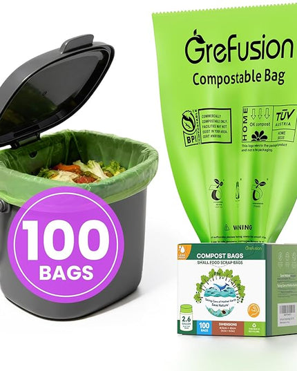 GreFusion 2.6 Gallon Compostable Trash Bags, 100 Count, Extra Thick 0.71 Mil, Certified by BPI and ASTM D6400, Perfect Fit for Small Trash Cans