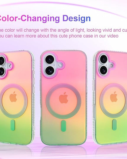 Aesthetic Case for iPhone 17 Case for Women Girls [Compatible with Magsafe] Cute Girly Trendy Glitter Sparkly Rainbow Magnetic Protective Phone Cover, Matte Iridescent Pink & Green