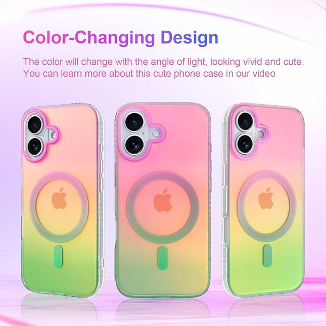 Aesthetic Case for iPhone 17 Case for Women Girls [Compatible with Magsafe] Cute Girly Trendy Glitter Sparkly Rainbow Magnetic Protective Phone Cover, Matte Iridescent Pink & Green
