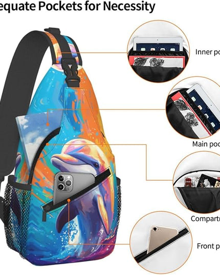 Animal Face Sling Bag Crossbody Bags Chest Bag Backpack for Travel Running and Hiking for Men Women Colorful Dolphin