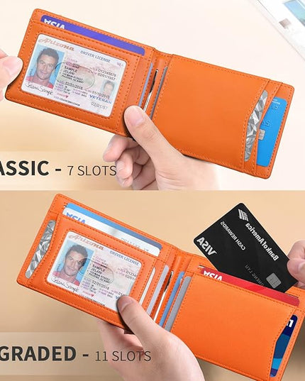 RUNBOX Slim Wallet for Men Genuine Leather RFID Blocking Bifold Minimalist Front Pocket Mens Wallet with Money Clip Thin Gift Box