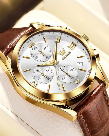 OLEVS Men's Chronograph Leather Watch, Big Face Easy to Read Analog Quartz Dress Watch, Casual Waterproof Luminous Hands Date Watches for Men, White/Blue/Black/Gold Dial