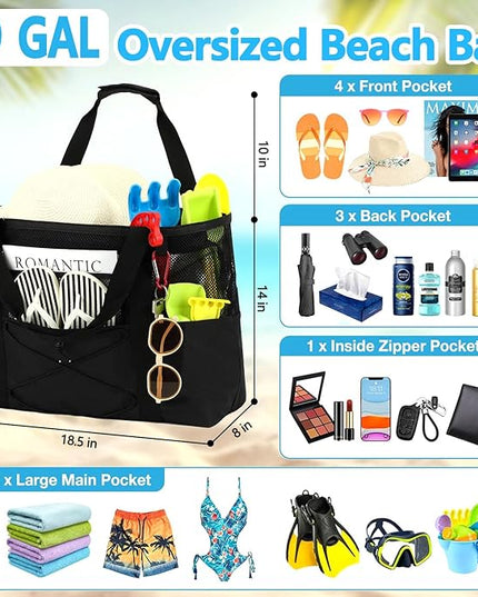 Mesh Beach Bag, Large Beach Tote with Zipper Pocket, Toys Pool Bag for Family Travel Vacation Cruise Essentials