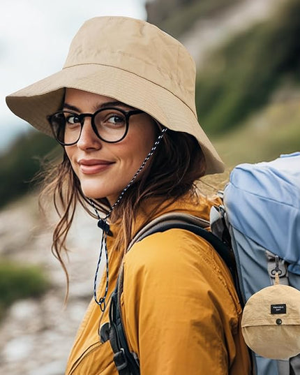 PFFY Quick Dry Waterproof Packable Bucket Hat for Women Men Outdoor Sun Hats with Detachable Chin Strap