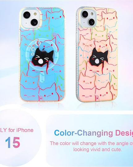 Cute Case for iPhone 15 Case for Women Girls Boys [ Compatible with Magsafe ] Iridescent and Black Cats Cat Pattern Design, Kawaii Colorful Animal Soft Bumper Protective Phone Cover
