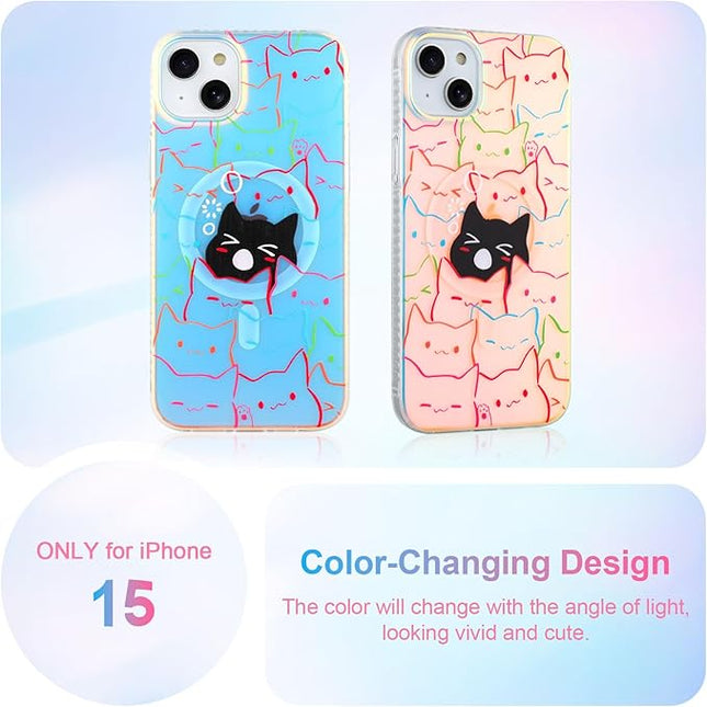 Cute Case for iPhone 15 Case for Women Girls Boys [ Compatible with Magsafe ] Iridescent and Black Cats Cat Pattern Design, Kawaii Colorful Animal Soft Bumper Protective Phone Cover