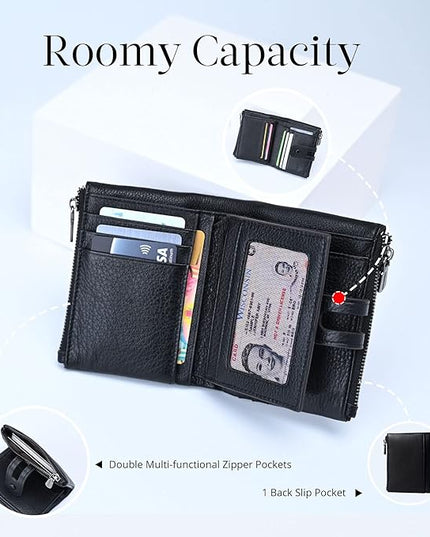 Bveyzi Small Soft Leather Wallet for Women RFID Blocking Ladies Card Holder with Double Zipper Pocket