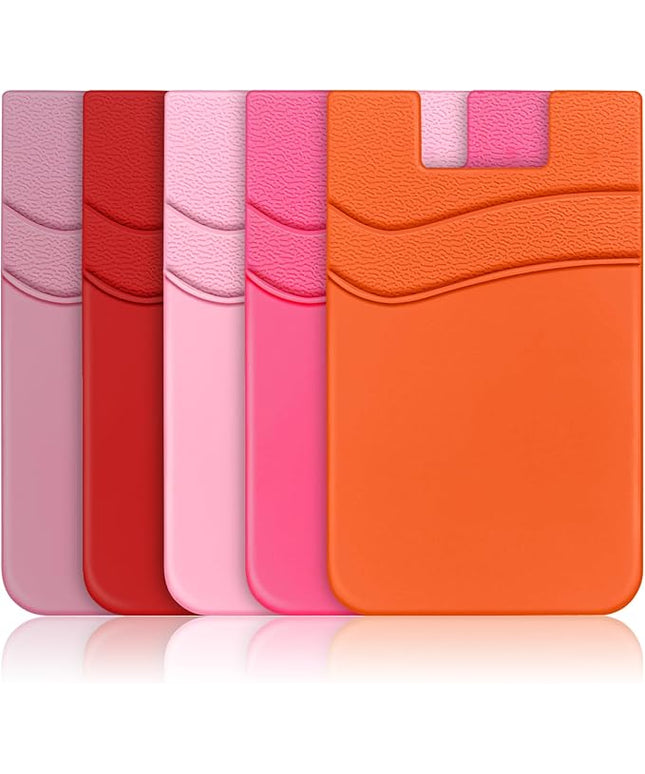 SHANSHUI Card Holder for Phone, Silicone Sticky Wallet Pocket Sleeve Pouch Stick on ID Credit Card for All Smartphonest - 5 Pack Light Pink Red Pink Rose Orange