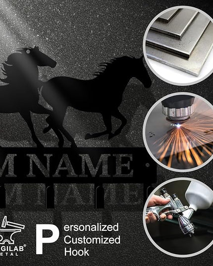 Personalized Custom Name Farm Horse Wall Key Hooks,Metal Horse Art Clothes Hooks,Metal Horse Wall Home Storage Decorative,For Front Door, Hallway, Kitchen, Bedroom,Keys,Hats (Style G)