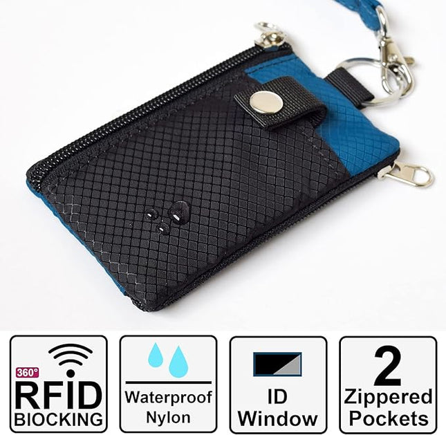 Minimalist RFID Blocking Small Wallet with ID Window,WaterResistant Zip Id Case Wallet with Lanyard Keychain for Cards,Cash,Travel,Women,Men