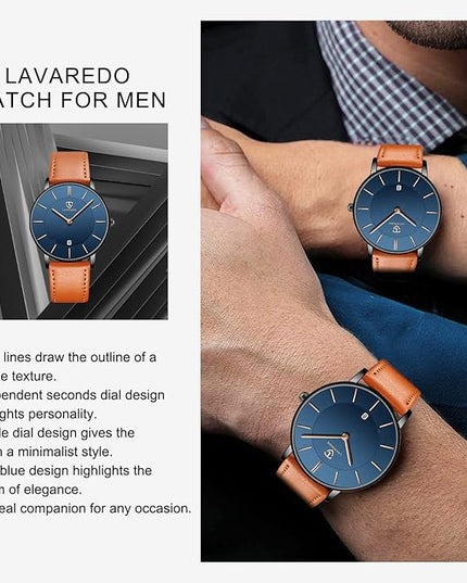 L LAVAREDO Watch for Men, Extremely Thin Mens Watches Minimalist Analog Men's Leather Wrist Watches with Time/Date, Birthday Gift for Men Boyfriend