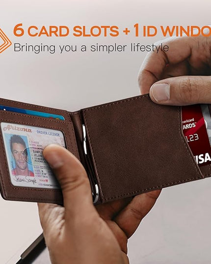 RUNBOX Slim Wallet for Men Genuine Leather RFID Blocking Bifold Minimalist Front Pocket Mens Wallet with Money Clip Thin Gift Box