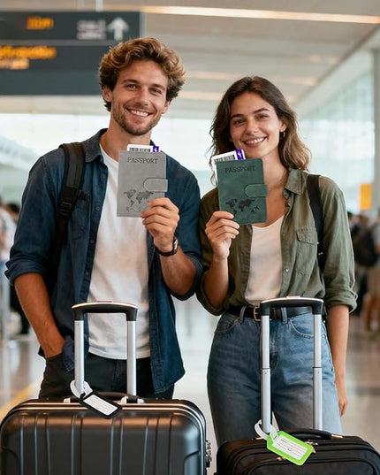 JIABEIUS 3pcs Passport Holder with 3pcs Luggage Tags, Pu Leather Travel Passport Cover, Waterproof Travel Wallet with RFID Blocker for Credit Cards, Cash, Boarding Passes Women Men
