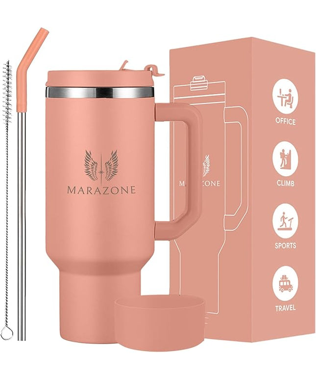 40 oz Insulated Tumbler with Handle and Straw – Double Wall Stainless Steel Vacuum Cup | Car Cup Holder Fit | Hot Cold Travel Mug | BPA Free Reusable Water Bottle Gift for Her (Sunset Pink)