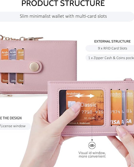 POIUGOYA Slim Wallet for Women,RFID Blocking Bifold Credit Card Holder with Zipper Coin Pocket,ID Window,Keychain