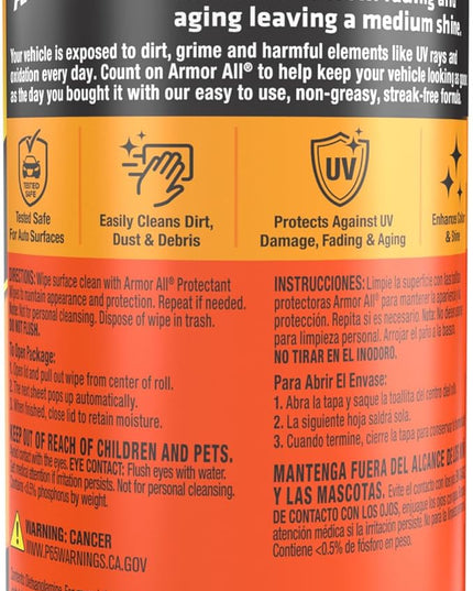 Armor All Original Protectant Wipes, Car Interior Cleaner Wipes with UV Protection to Fight Cracking & Fading, 30 Count