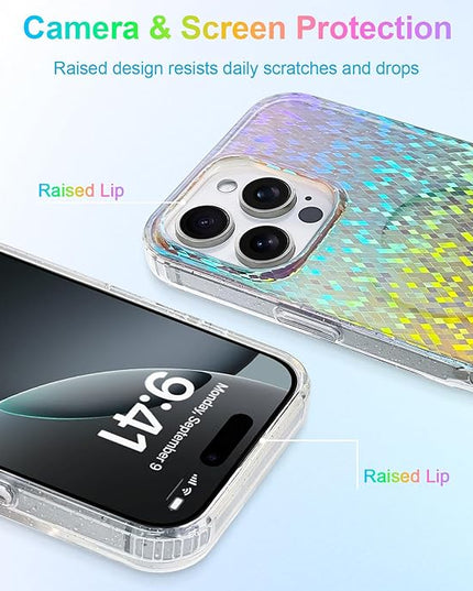 Glitter Case for iPhone 16 Pro Case for Women Girls [ Compatible with Magsafe ] Clear Cute Girly Aesthetic Colorful Iridescent Rainbow Sparkly Sparkle Bling Magnetic Protective Phone Cover