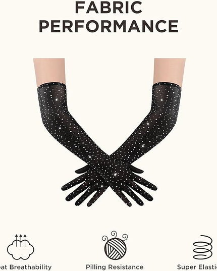 BABEYOND Mesh Gloves for Women - Long Rhinestone Tulle Sheer Sparkly Elbow Length Stretchy Accessory for Opera Party