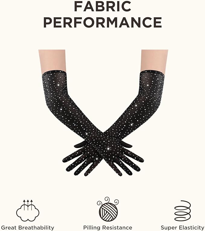 BABEYOND Mesh Gloves for Women - Long Rhinestone Tulle Sheer Sparkly Elbow Length Stretchy Accessory for Opera Party