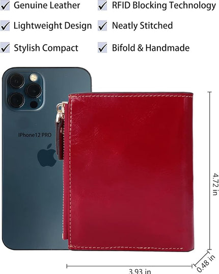 AINIMOER Women's RFID Blocking Leather Small Compact Bi-fold Zipper Pocket Wallet Card Case Purse with id Window