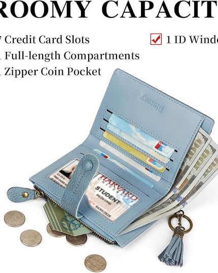 Blucoay Leather Wallet Women,RFID Blocking Small Wallet for Women Compact Card Holder Bifold Tassel Wallet Coin Purse With ID Window lzblue