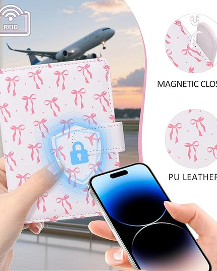COSHAYSOO Personalized RFID Passport Holder for Travel Women Passports Cover Case Air Essentials Airplane Flight Accessories Airline Plane Flying Must Haves Christmas Gifts Teen Girls Pink Bow Knot