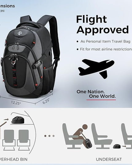 Swissdigital Design Laptop Backpack with USB Charging Port, Travel Backpack Fits 15.6 inches Computer, 31L College School Backpack for Men, Black/Grey | SD803-02