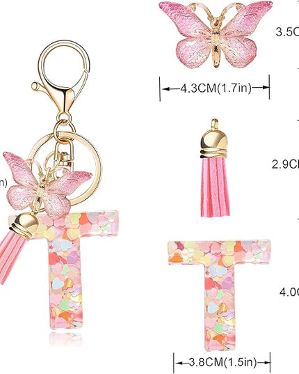 Fashion Alphabet Initial Letter Keychain Tassel Butterfly Pendant Key Ring for Purse Handbags Women Girl