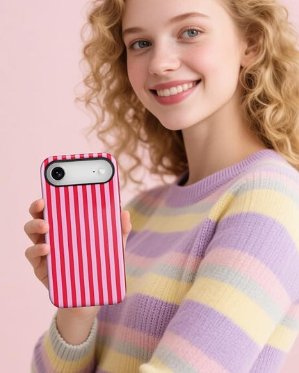 Magnetic for iPhone 17 Air Case Cute Stripes Phone Case, Shockproof Slim TPU and Hard PC Protective Phone Cover Compatible with MagSafe Designed for Women Girls, Pink and White