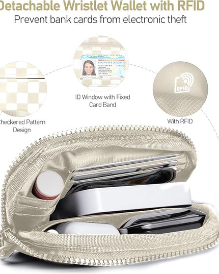 Clip and Go Strap for Phone with Wallet Crossbody Phone Lanyard and Detachable Checkered Bag with ID Window and RFID Pouch for Daily Travel.