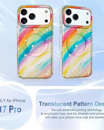 Cute Case for iPhone 17 Pro Case for Women Girls [Compatible with Magsafe] Aesthetic Girly Trendy Glitter Sparkly Bling Magnetic Protective Phone Cover, Rainbow