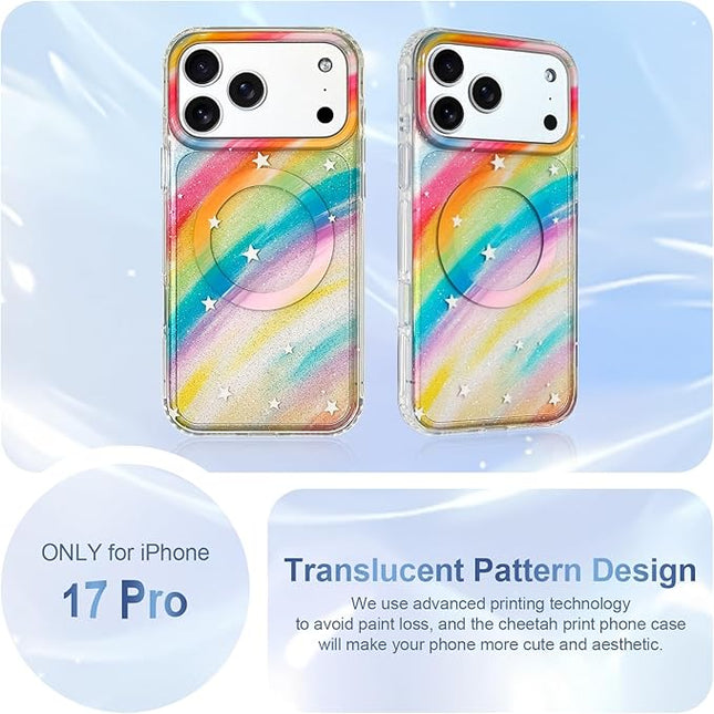 Cute Case for iPhone 17 Pro Case for Women Girls [Compatible with Magsafe] Aesthetic Girly Trendy Glitter Sparkly Bling Magnetic Protective Phone Cover, Rainbow