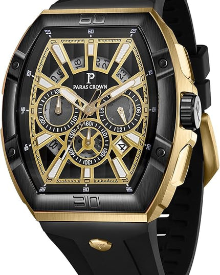 Paras Crown Watches for Men Tonneau 5ATM Waterproof Quartz Luxury Chronograph Analog Men's Wrist Watches Stainless Steel Case Mens Watches