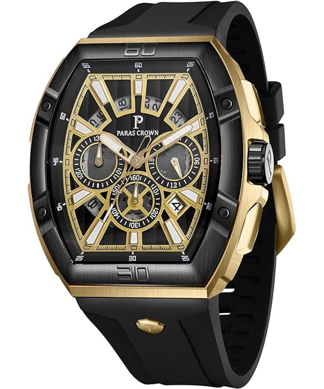Paras Crown Watches for Men Tonneau 5ATM Waterproof Quartz Luxury Chronograph Analog Men's Wrist Watches Stainless Steel Case Mens Watches