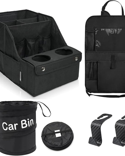 Car Organizer and Storage 5-in-1 Set with Front Seat Organizer, Backseat Organizer, Car Trash Can & 2 Headrest Hooks, Universal Car Storage Accessories for SUV Truck & Sedan Vehicle