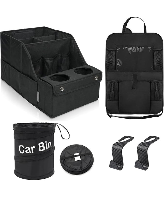 Car Organizer and Storage 5-in-1 Set with Front Seat Organizer, Backseat Organizer, Car Trash Can & 2 Headrest Hooks, Universal Car Storage Accessories for SUV Truck & Sedan Vehicle