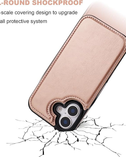 ONETOP Compatible with iPhone 17 Wallet Case with Card Holder, PU Leather Kickstand Card Slots Case, Double Magnetic Clasp and Durable Shockproof Cover 6.3 Inch (Rose Gold)
