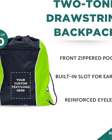 DISCOUNT PROMOS Two-Tone Drawstring Backpack Non-Woven - 10 pack - Customizable Text, Logo - Durable Sports Backpacks - Ideal for Sports, Travel, Gym & More - Lime Green