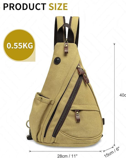 Vintage Canvas Sling Bag with Genuine Leather Zipper, 3 in 1 Crossbody, Backpack, and Chest Bag, for Travel, Hiking, 16x10x6 Inches, Khaki