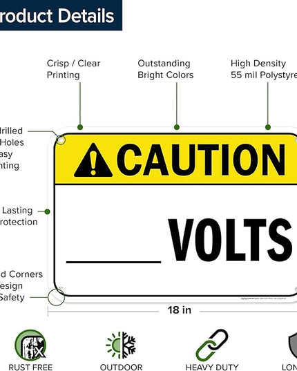 Caution Volts Sign, 12x18 Inches, 55 mil thick HDPS (high density polystyrene), Made in USA by My Sign Center