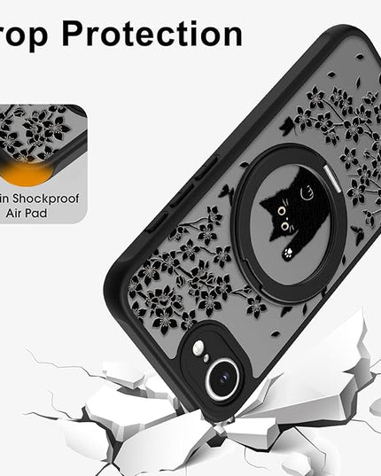 Cute Case for iPhone 16e Case with Stand [ Compatible with MagSafe ] Kawaii Black Cat & Floral & Butterflies Pattern Design 360 Magnetic Ring Kickstand Phone Cover for Women Girls Boys