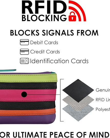 ili New York Mini Leather Coin Purse, Compact Design with Key Ring and RFID Protection for Women and Men in Vibrant Colors, Black Brights